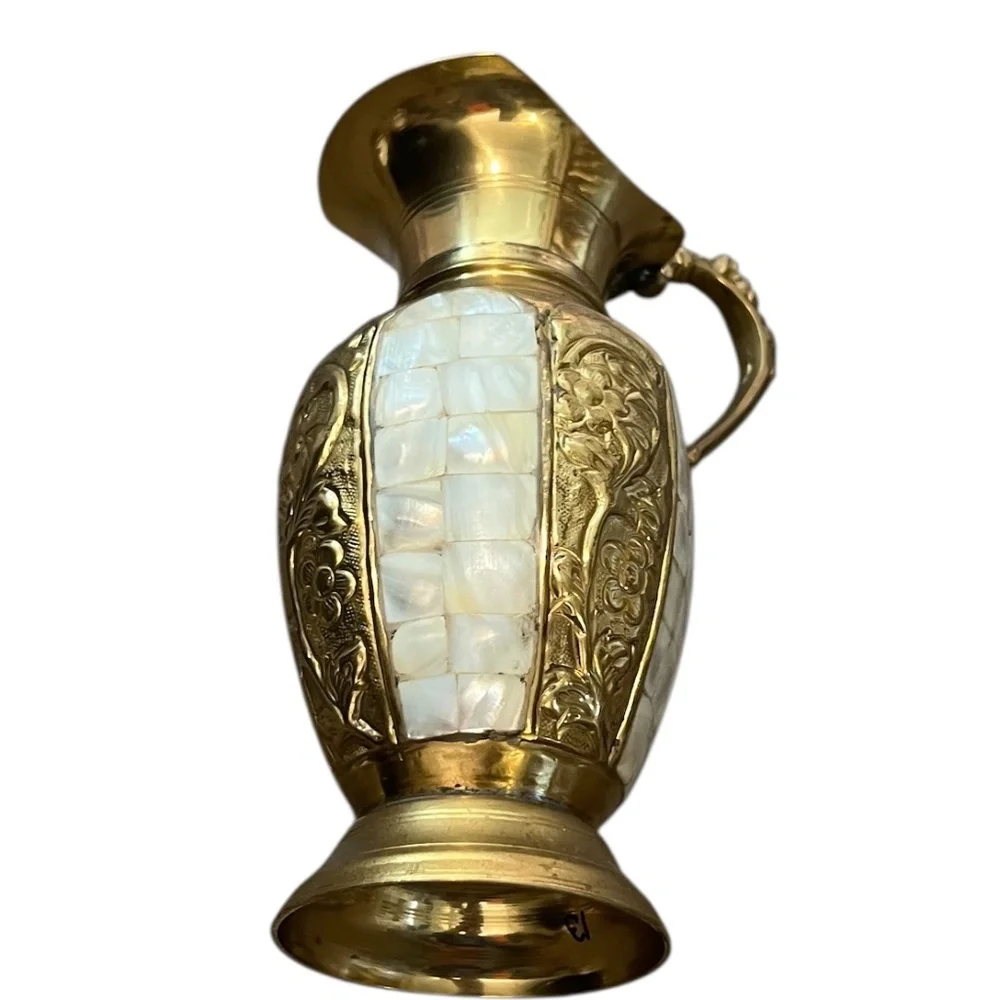 Set‎ Of 2 Vintage MCM Lacquered Brass & Mother of Pearl Inlay Vase Urn & Pitcher